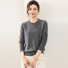 高端重工钉钻100%纯羊毛针织衫女灰色宽松显瘦百搭保暖毛衣秋冬，女装羊毛衫，佰旭羊绒