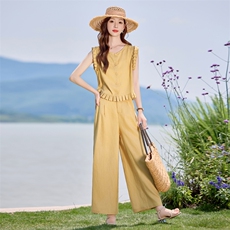 高端无袖亚麻套装女2025夏新款洋气小香风天丝棉亚麻阔腿裤两件套，女装套装/套裙，E百度