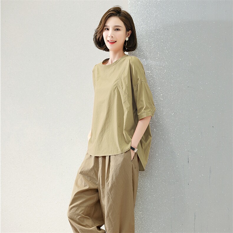 2025夏季新款时尚休闲宽松大码显瘦中年妈妈两件套减龄棉麻套装女,女装套装/套裙,深水步