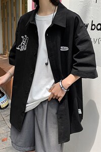 【】A003-HC2021-P40 夏装新款个性港风短袖衬衫 女模1图片