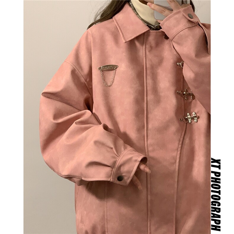 1抖音148大码M-5XL粉色皮衣宽松情侣女夹克男77083P105，女装皮衣，星座226-2