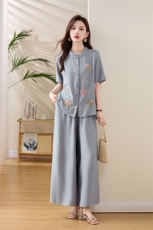 新中式套装女2025新款夏季民族风优雅宽松显瘦大码阔腿裤两件套潮，女装套装/套裙，魅影