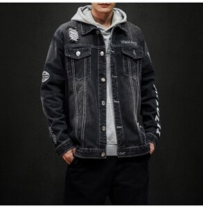 jk818-p80 M-5XL黑墙ins牛仔夹克绣花破洞大码男日系CITYBOY图片