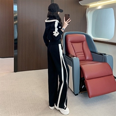拼接撞色女秋修身开衫连帽外套阔腿裤套装，女装套装/套裙，江南