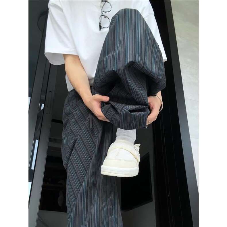 复古黑蓝竖条纹阔腿裤男美式潮牌慵懒风宽松休闲设计感拖地裤长裤,男装休闲裤,四季星座505