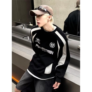 美式复古拼色卫衣男秋冬季圆领机车风休闲运动痞帅上衣服WY119