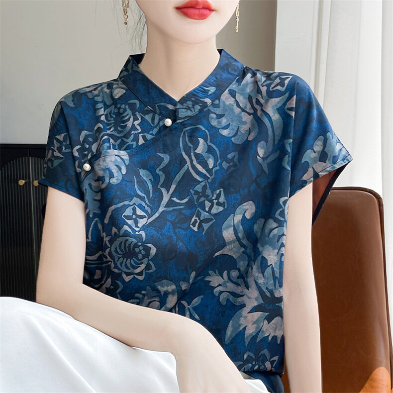 新中式国风上衣女短袖t斜襟短袖立领旗袍小衫缎面印花新中式衬衫,女装T恤,羊特美羊绒