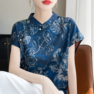 新中式国风上衣女短袖t斜襟短袖立领旗袍小衫缎面印花新中式衬衫图片