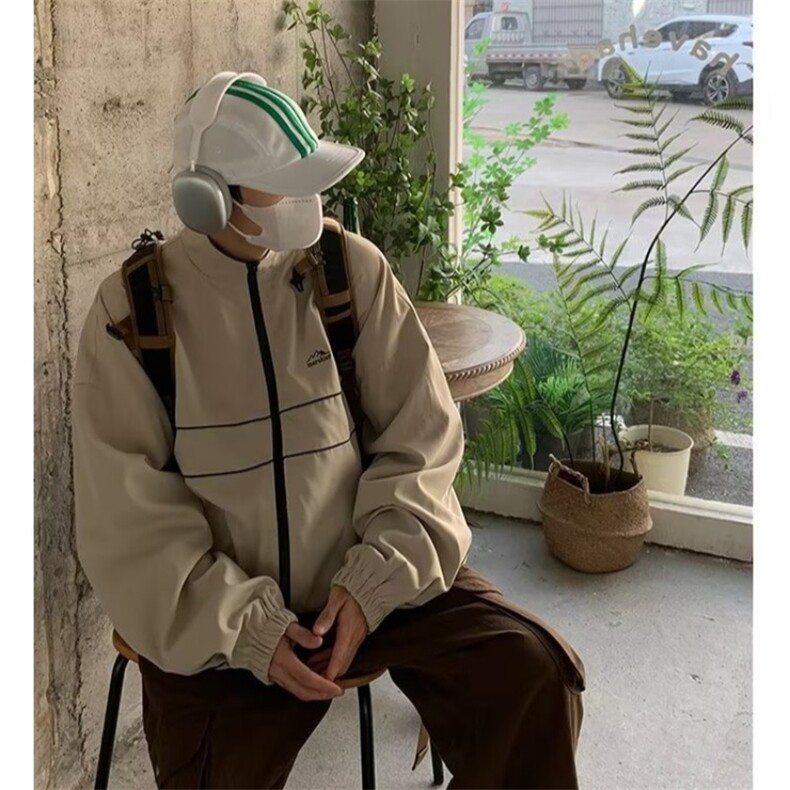 美式复古冲锋衣外套春秋季百搭高街休闲条纹vintage棒球服宽松潮,男装夹克,星座1210-1