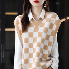 马甲女背心无袖针织羊毛衫2024秋装新款韩版宽松外穿格子毛衣，女装马甲，蒙特羊绒