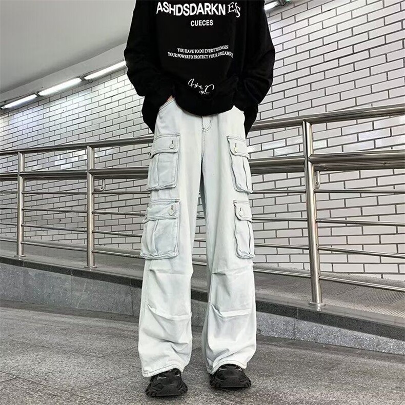 多口袋工装裤男潮牌宽松直筒拖地牛仔裤设计感长裤潮RK2231-P56图片
