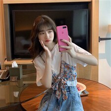 心机碎花假两件短袖t袖，其它，喜午