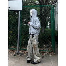 美式复古黄泥染重工脏洗阔腿牛仔裤男女无性别水洗做旧宽松弯刀裤，男装牛仔裤，星座506A