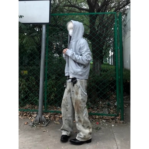 美式复古黄泥染重工脏洗阔腿牛仔裤男女无性别水洗做旧宽松弯刀裤图片