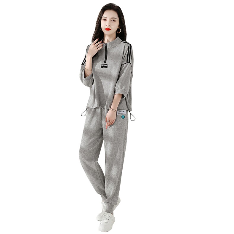 灰色运动服套装女夏薄款七分袖2025年韩版宽松休闲时尚卫衣两件套,女装套装/套裙,梦懿尔
