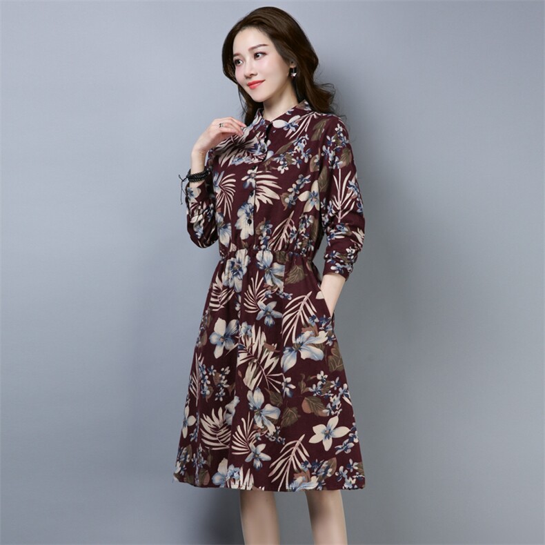连衣裙印花长袖时尚气质修身显瘦潮流圆领排多扣,女装连衣裙,小林双子