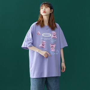 中性夏季潮流韩版可爱毛绒小熊印花宽松情侣短袖T恤T35P25控38