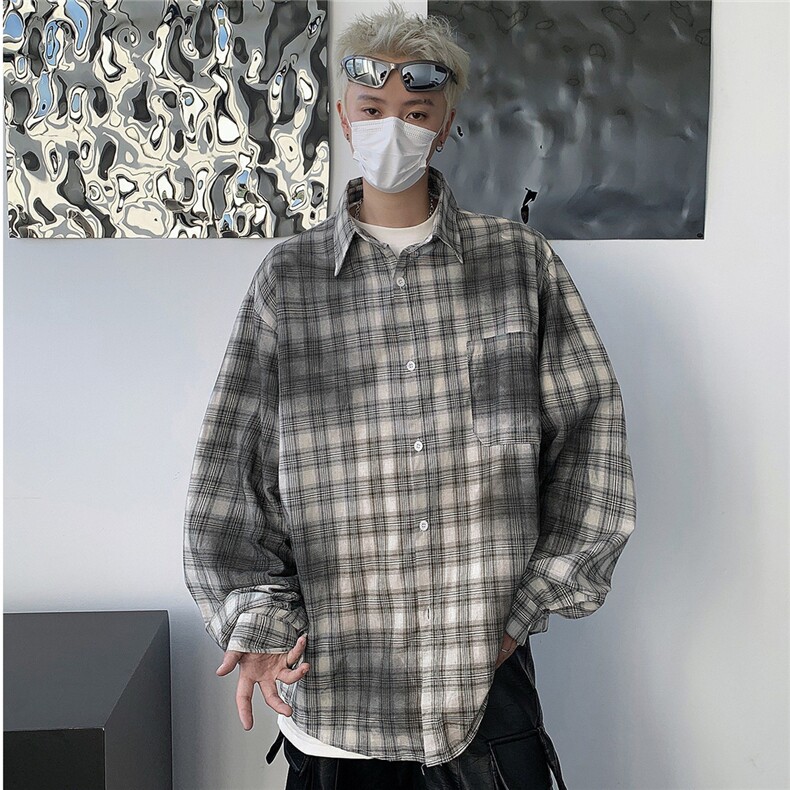 CS13862025秋季复古衬衫男脏染格子衬衣外套oversize宽松情侣,男装衬衫,星座1108
