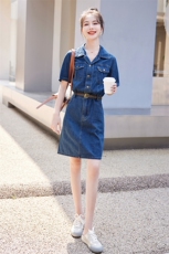 大码女装胖mm港风复古翻领收腰牛仔连衣裙女夏气质显瘦遮肚中长裙，女装连衣裙，E百度