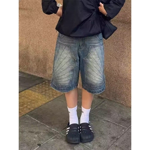 网络图美式复古水洗设计感直筒五分牛仔短裤男女做旧宽松半裤潮牌