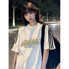 抖音得物高品质二开240克宽松纯棉美式潮牌三条杠织带短袖T恤，男装T恤，电商A486-1