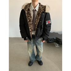 美式复古棉袄派克服豹纹毛领连帽棉服男冬季加厚棉衣外套女，男装棉衣，四季星座505