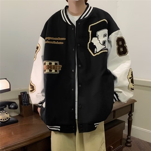 美式复古刺绣拼接新款春秋宽松bf慵懒风男女情侣棒球服W6003-P55图片