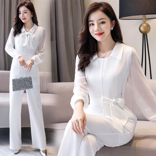 2022年新款春季时尚简约欧美减龄高端大气连体裤送领结，女装连体裤，韩美纤衣