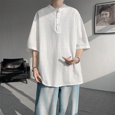 8XL-M中式立领棉麻T恤特大码亨利领亚麻短袖polo衫半袖DX1210/P45，男装T恤，电商B238