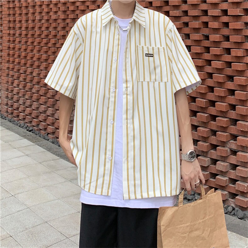 2023夏季薄款条纹短袖衬衫休闲日系学生设计感小众衬衣W991-P32,男装衬衫,星座512-2