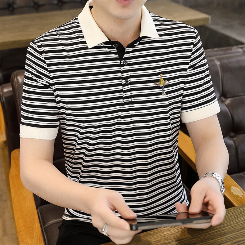 夏季刺绣短袖翻领冰丝经典条纹青年修身POLO衫短袖T恤上衣Z99-P30,男装Polo衫,星座310B-3