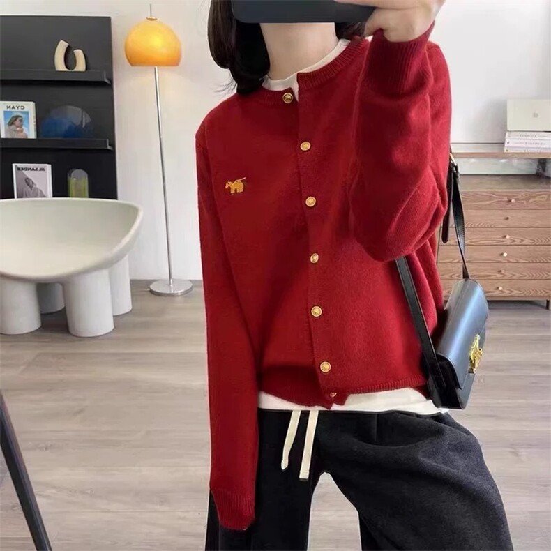 澳洲美丽诺羊毛针织开衫女圆领宽松休闲百搭刺绣韩版小香风,针织衫/毛衣,雪真羊绒