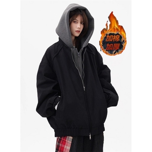 小众座山雕毛绒连帽卫衣假两件穿外套情侣棉服WM9977