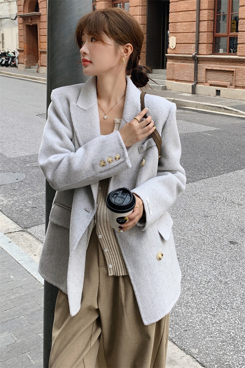 现货主推款双排扣双面羊毛呢西装外套真实成分标羊毛大衣,女装双面呢大衣,丝露依尚（原SL）