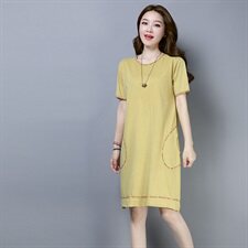 2024年夏季圆领纯色高腰时尚舒适短袖简约百搭个性中长款，女装连衣裙，秋牧寒烟