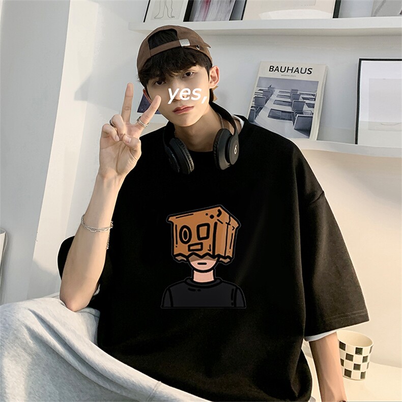 少年感穿搭男生短袖t恤男款夏季美式复古300g重磅卡通五分袖衣服,男装T恤,电商A486
