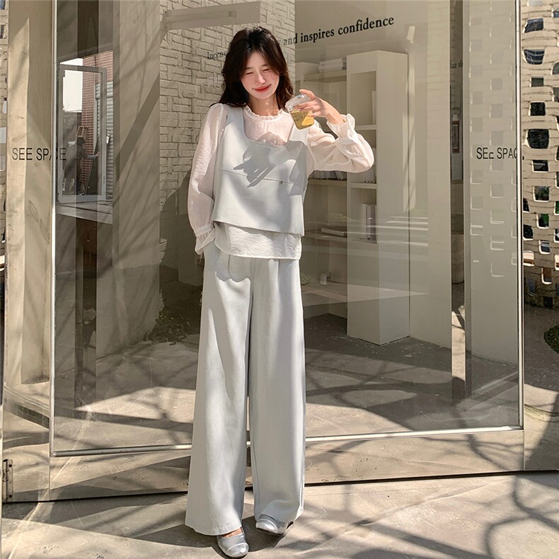 法式气质波点雪纺衫吊带马甲阔腿裤套装三件套女开春韩系ootd穿搭图片