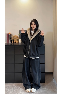 现货 冬季鹿皮绒座山雕连帽猫耳朵男女情侣装棉服外套-A2350P99图片