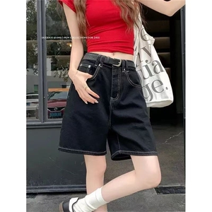 简约韩版黑色牛仔裤女夏季2025新款高腰显瘦阔腿裤百搭洋气五分裤图片