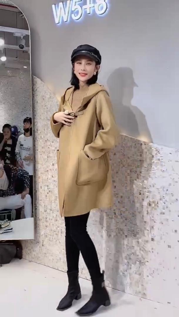 2021秋冬新款韩中长款连帽大口袋拼皮扣休闲双面呢,女装其它,L·H·X