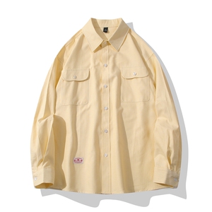B413-1-DX6010港风复古长袖条纹衬衫男女潮牌宽松休闲工装衬衣服图片
