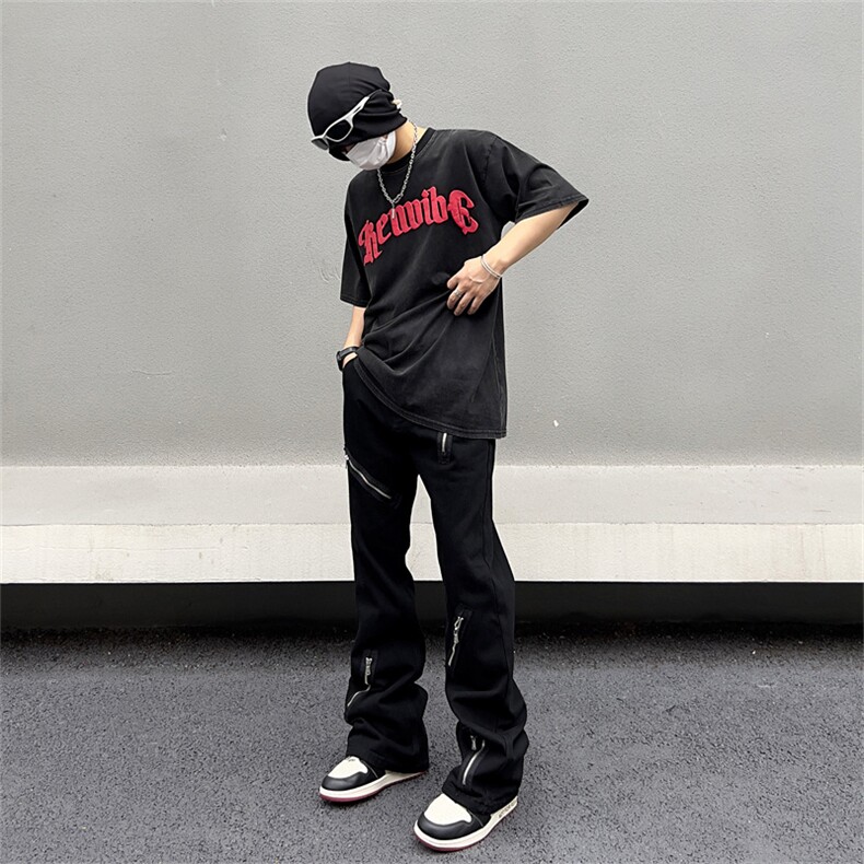 暗黑宽松微喇叭黑色牛仔裤多拉链设计感男女裤子N09037-P45,男装牛仔裤,星座308B-1