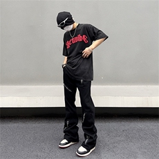 暗黑宽松微喇叭黑色牛仔裤多拉链设计感男女裤子N09037-P45，男装牛仔裤，星座308B-1