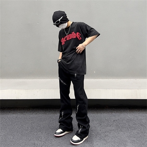 暗黑宽松微喇叭黑色牛仔裤多拉链设计感男女裤子N09037-P45图片