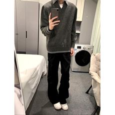 重磅北极绒假两件衬衫领毛衣美式高街复古休闲慵懒纯色翻领针织衫，男装针织衫/毛衣，电商A486