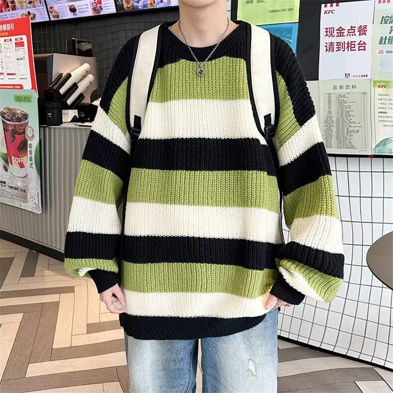 毛衣男秋冬撞色条纹圆领衫针织衫打底衫宽松慵懒风毛线衣7010P48,男装针织衫/毛衣,星座410-2