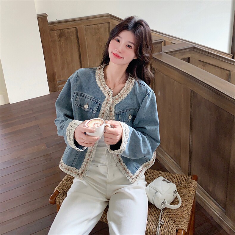 蕾丝花边拼接牛仔外套女春秋2025新款小香风减龄上衣独特漂亮百搭图片
