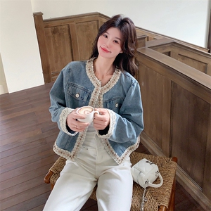 蕾丝花边拼接牛仔外套女春秋2025新款小香风减龄上衣独特漂亮百搭图片