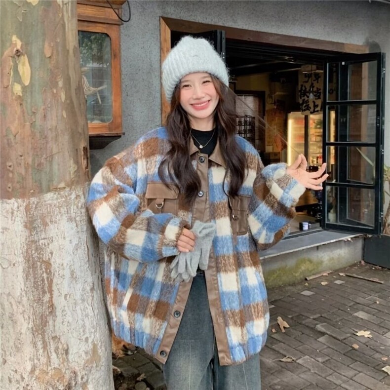 2025毛呢格子外套秋冬女高级感美式格纹潮牌痞帅炸街外套,女装短外套,星座506A