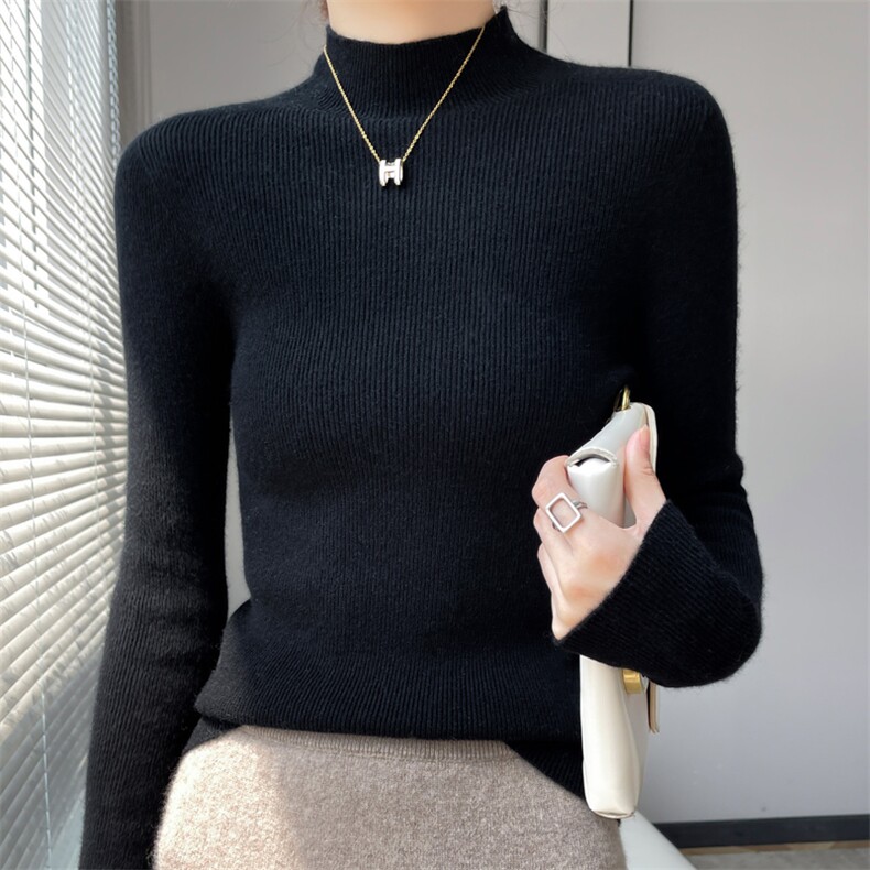 秋冬新款羊毛衫100羊毛女一线成衣修身半高领套头针织打底,女装羊毛衫,更慕羊绒